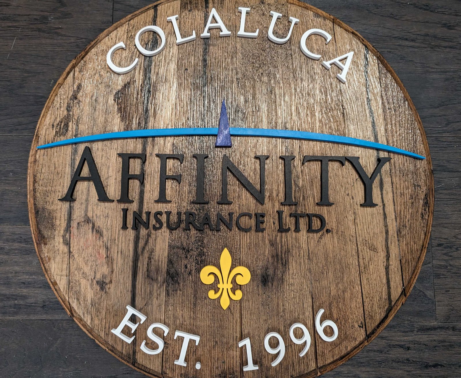 Affinity Insurance LTD Logo Bourbon Barrel Head - Made By Jay Lane