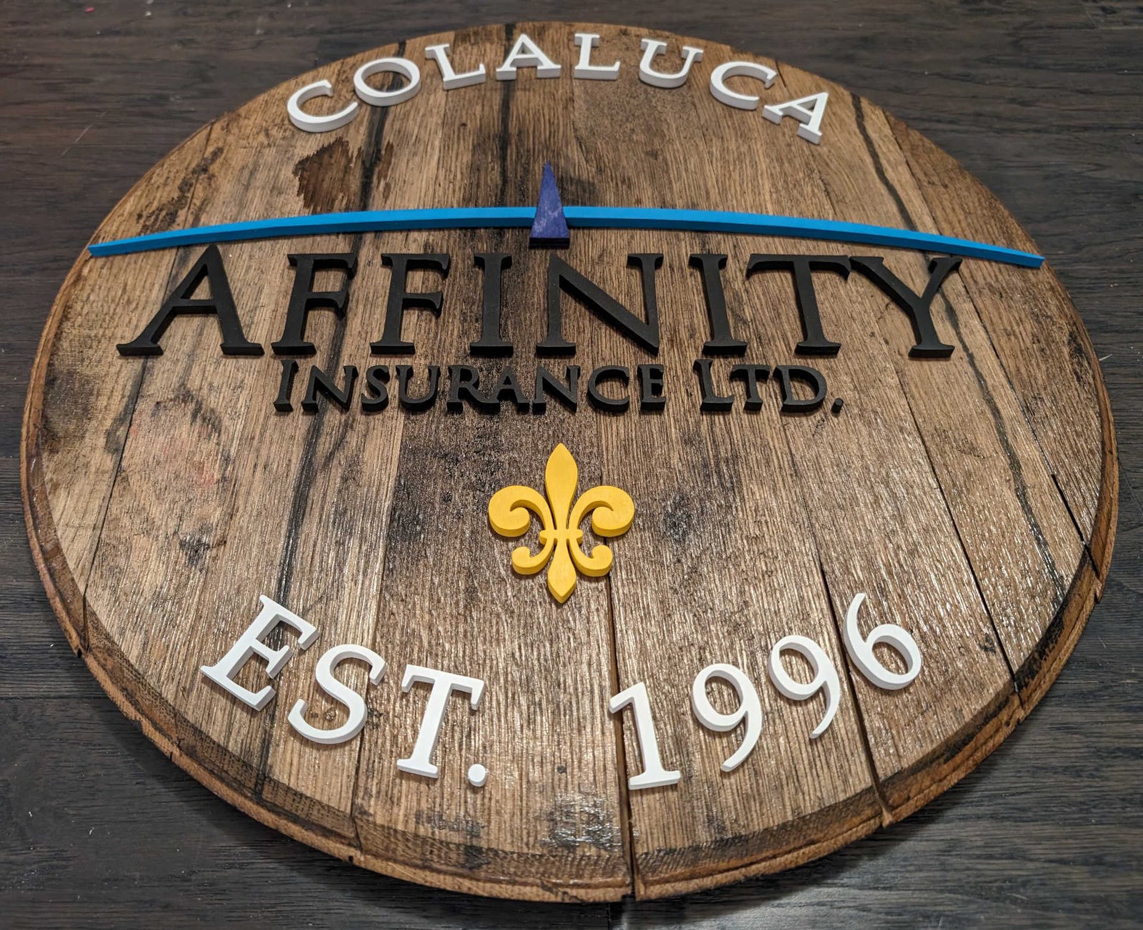 Affinity Insurance LTD Logo Bourbon Barrel Head - Made By Jay Lane