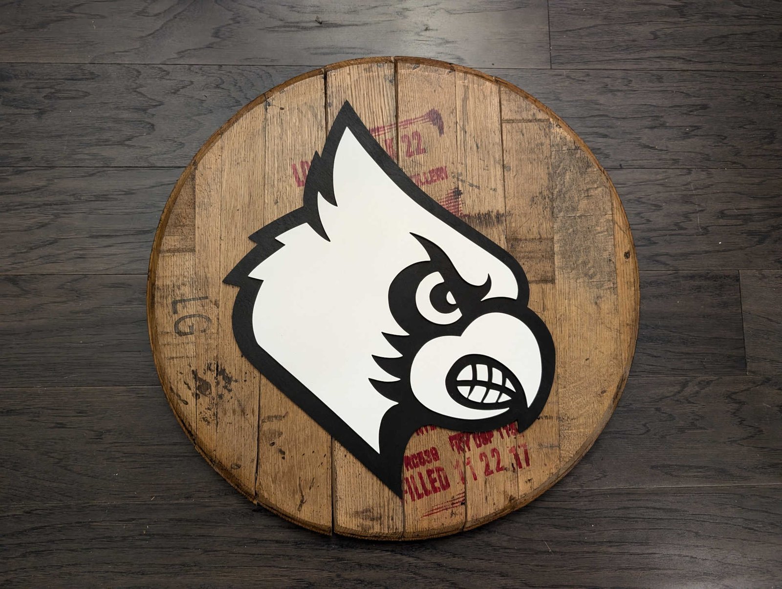 Louisville Cardinals B&W Logo Bourbon Barrel Head - Made By Jay Lane